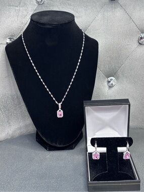 Xuping Silver-Tone Pink Gemstone Pendant Necklace & Matching Drop Earrings Set